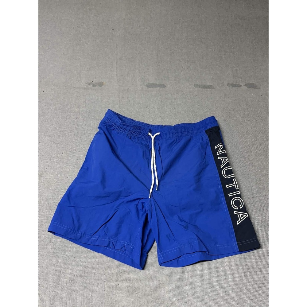 Nautica Mens Small Swim Trunks Royal Blue Navy Side Stripe Graphic Logo Nylon